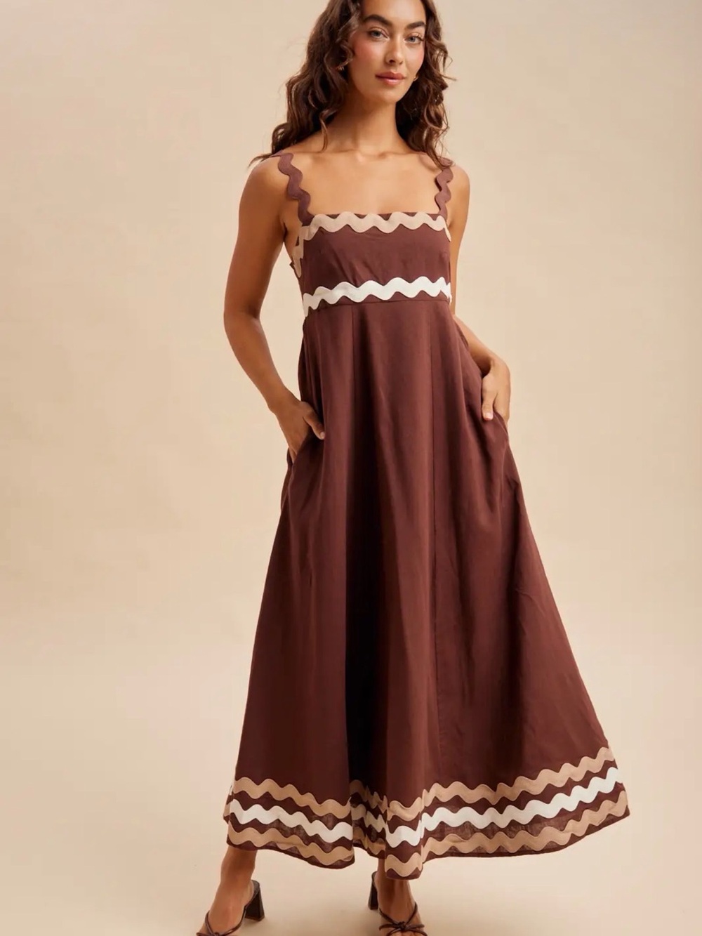 Brown Maxi Sundress with Cream Wave Trim - Women's Maxi Dress